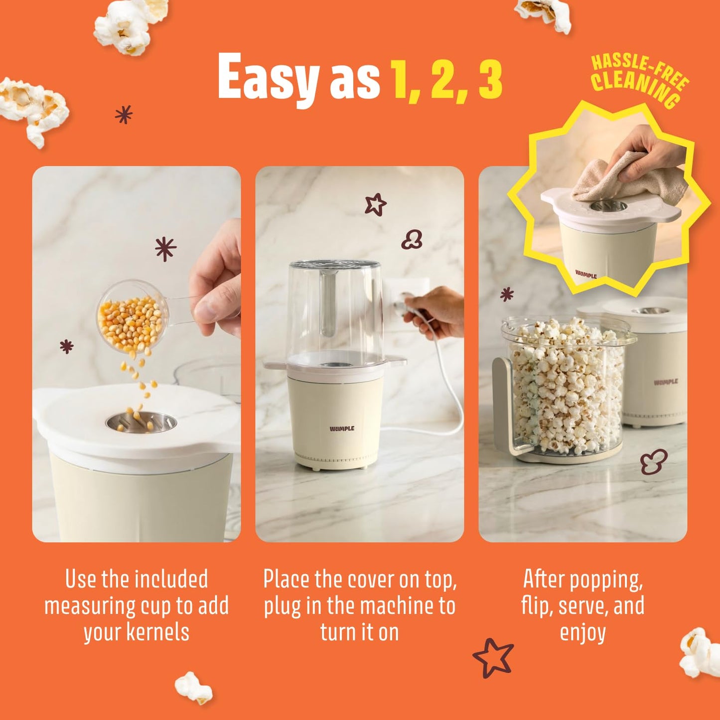 Wumple Air Popper Popcorn Machine - 10-Cup Air Pop Popcorn Maker with Measuring Cup - Hot Air Popped Oil-Free Compact Popcorn Popper - Movie Nights & Parties - Cream