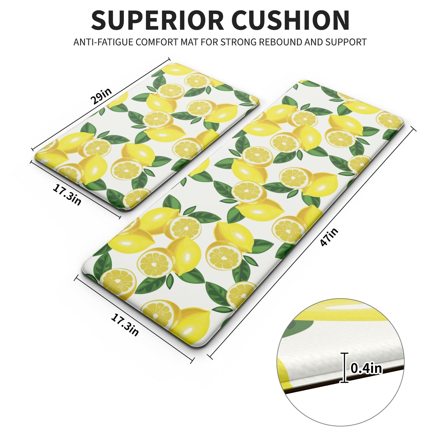 MAYHMYO Lemon Kitchen Mat Set of 2 - Anti Fatigue Mats for Kitchen Floor - Non Slip Cushioned Rugs for Standing - Lemon Decor (17.3"×29"+17.3"×47"-0.4") White