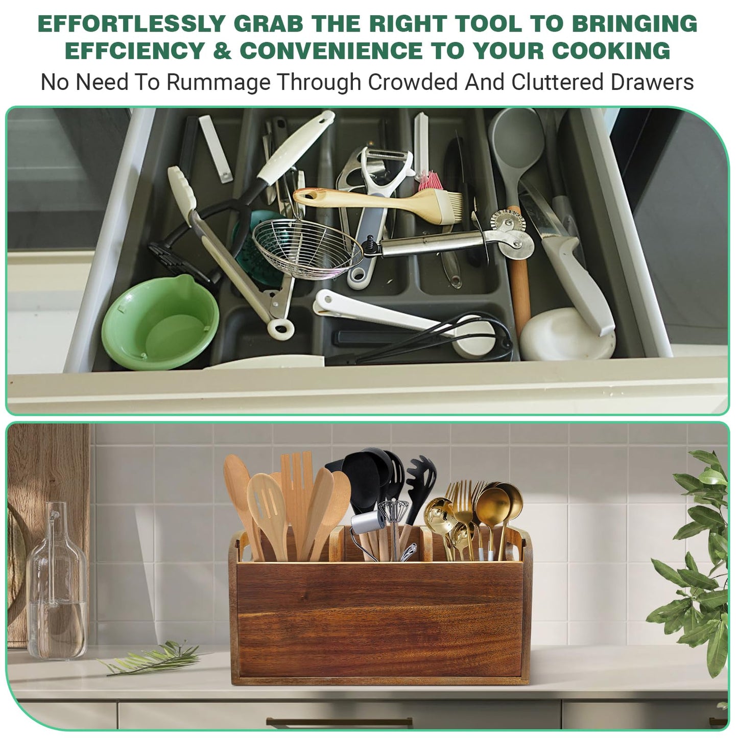 LAGOUPICK Kitchen Utensil Holder for Countertop with 4 Compartments Acacia Large Utensil Holder Wooden Storage for Cooking,Baking,Flatware Tool Kitchen Utensil Organizer