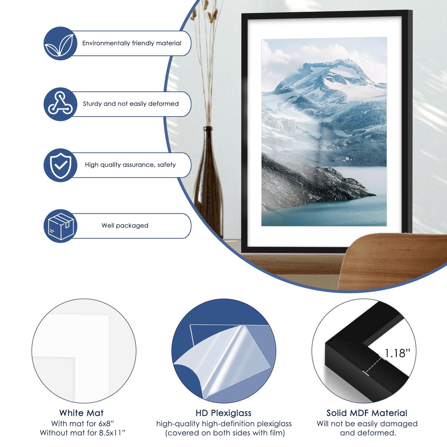 PEALSN 24x36 Poster Frame, Display Pictures 20 x 30 with Mat or 24 x 36 Without Mat, Poster Frames 24 x 36 inches for Wall Mounting Display, Black.