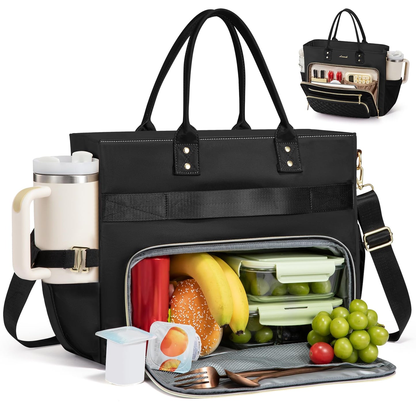 LOVEVOOK Lunch Bag, Tote Bag for Women with Insulated Lunch Compartment, Large Capacity Work Tote fit 15.6 Inch Laptop, Teacher Nurse Bag for Work, Crossbody Bags for Women with Cup Holder, Black