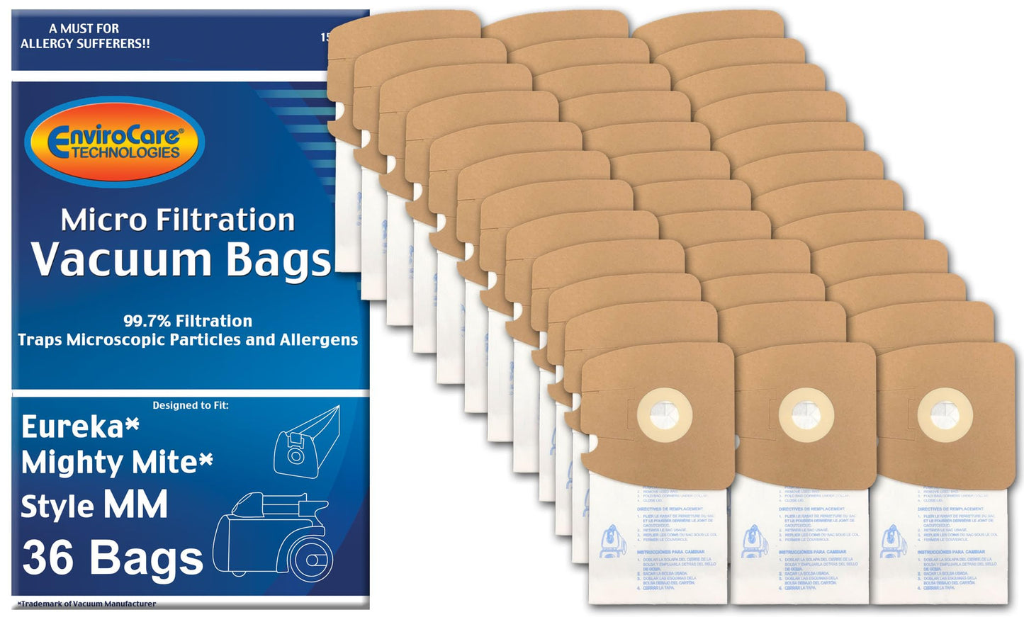 Envirocare Replacement Micro Filtration Vacuum Cleaner Bags made to fit Eureka Style MM 60297A Style-10. Replaces Part# 60295C Mighty Mite Vacuums 36 pack
