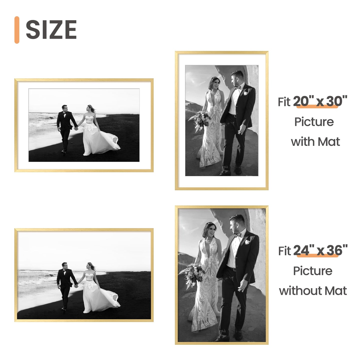 upsimples 24x36 Poster Frame, Display Pictures 20x30 with Mat or 24x36 Without Mat, Wall Hanging Picture Frame, Gold, 1 Pack