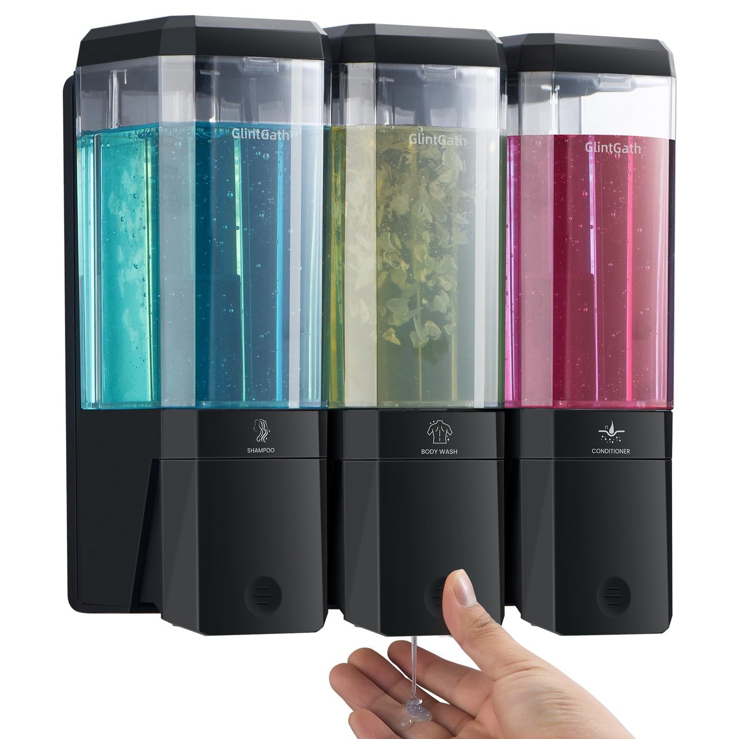 Shampoo and Conditioner Dispenser,GlintGath Shower Dispenser 3 Chamber No Drill Shampoo Dispenser for Shower Wall Mounted Shower Soap Dispenser for Bathroom Hotel,Large Capacity 3 * 500ML, Black
