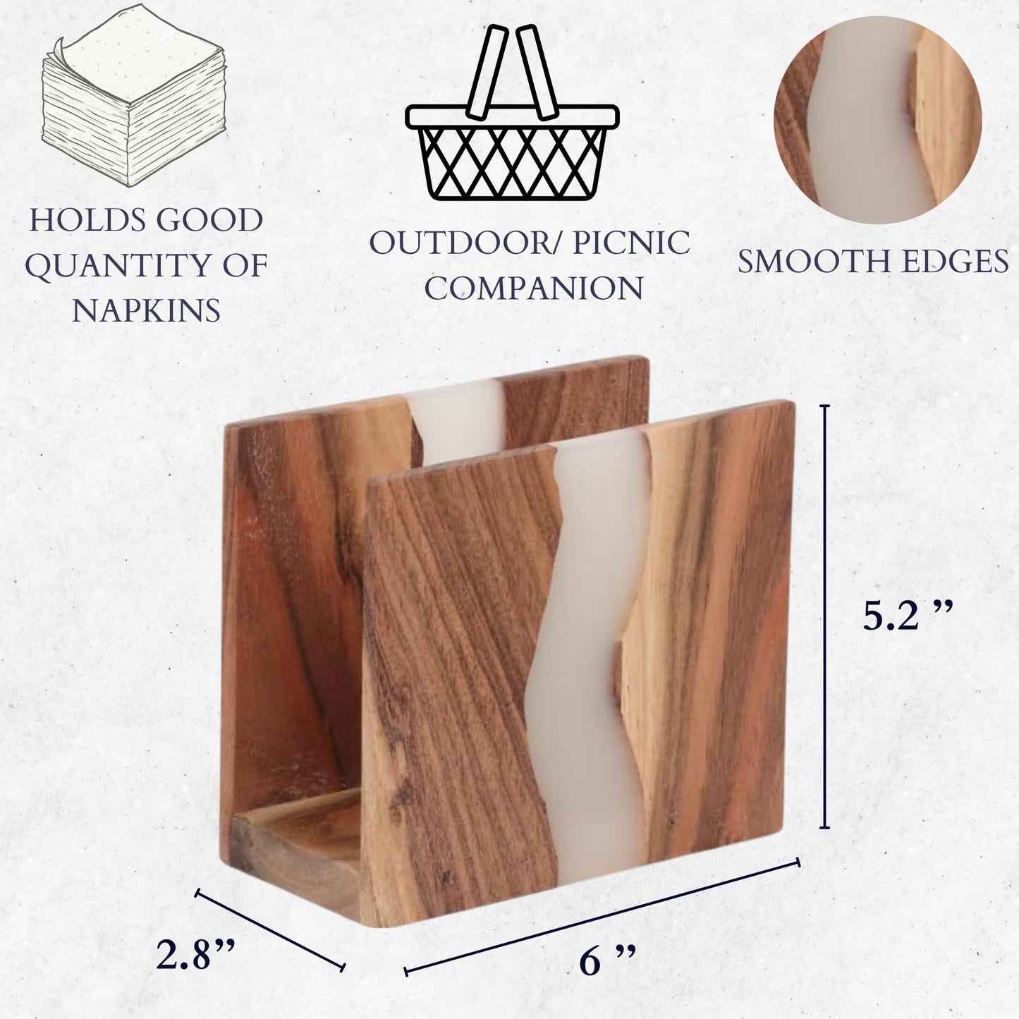 LAVAUK Acacia wood & Transparent Epoxy resin Napkin holder for table, Rustic farmhouse napkin organisation for kitchen, dining, counter tops, restaurant or outdoors | 6x5x2.5 inches|(Cloudy White)