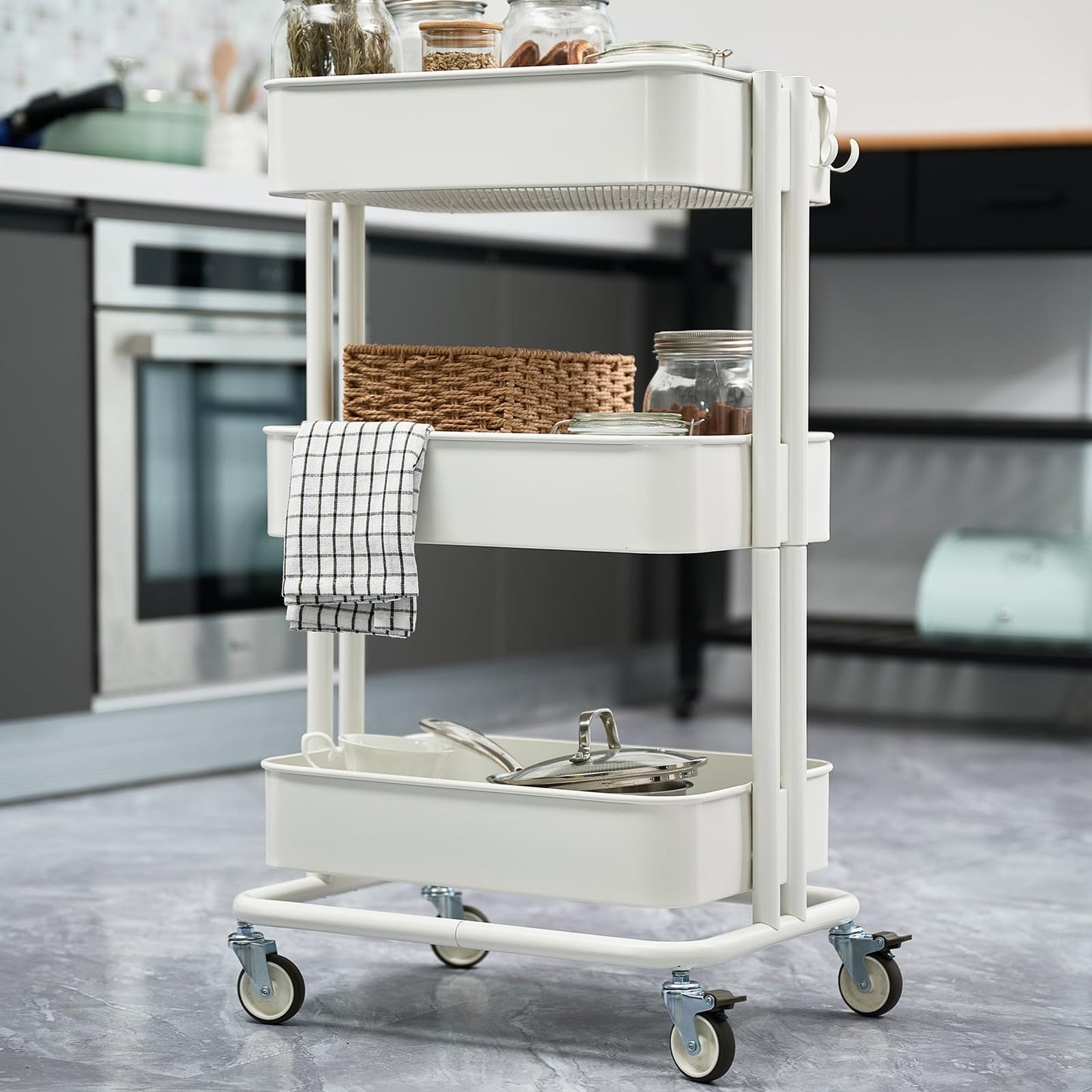 CARTTECH 3 Tier Rolling Cart Metal Heavy Duty Utility Cart with Silent Caster Lockable Wheels Multi-Functional Organization Carts Storage Trolley with Mesh Shelves for Office Kitchen Living Room white