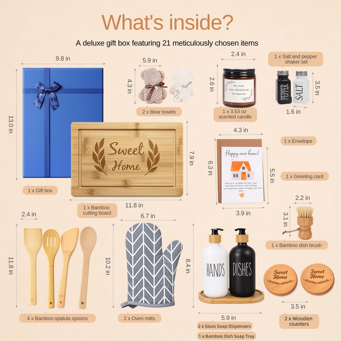 Housewarming Gifts New Home Basket，21-Piece Including Cutting Board, Handwashing Set, and Aromatherapy – Ideal for Housewarming Gift for Couples, New Home Families, and Closing Gifts for Home Buyers