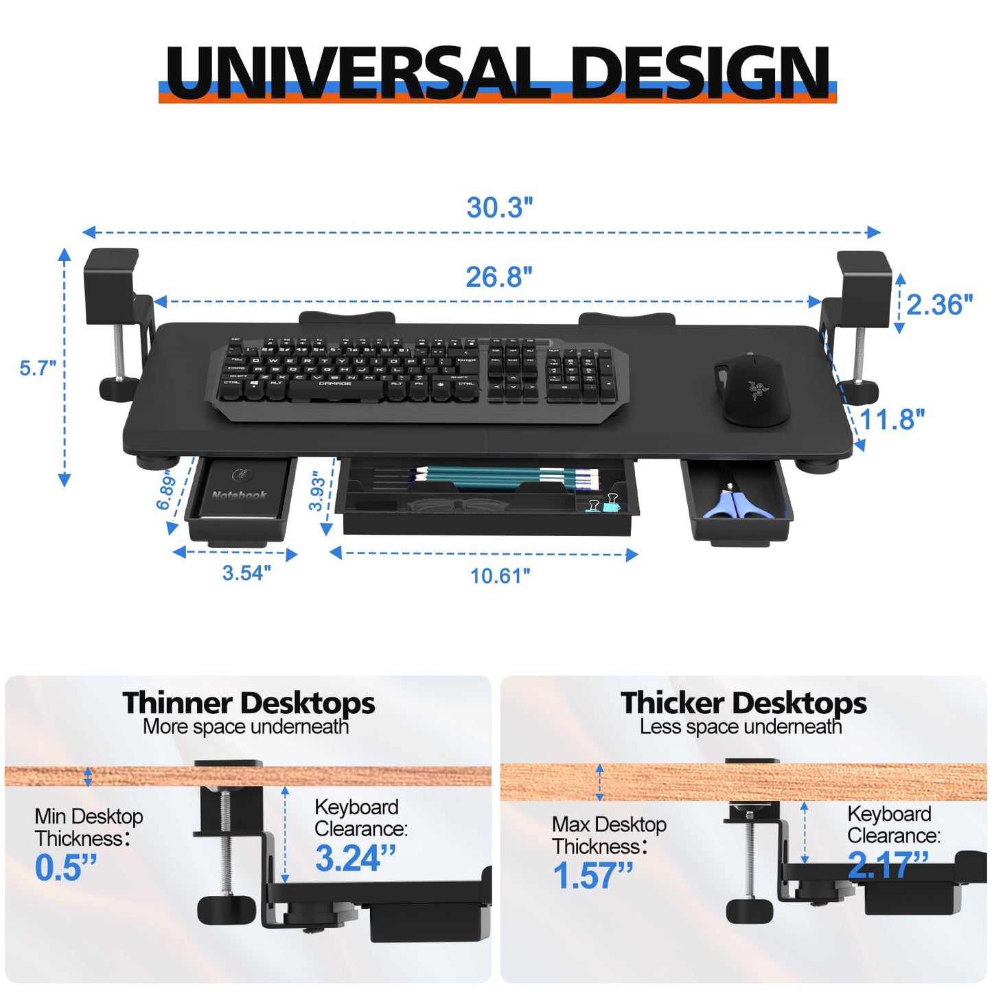 OUKMIC Large Keyboard Tray Under Desk Slide Out with Sturdy C-Clamp Mount and Storage Drawer, 27" (31" Including Clamps) x 12" Ergonomic Keyboard Trays for Home and Office, Black