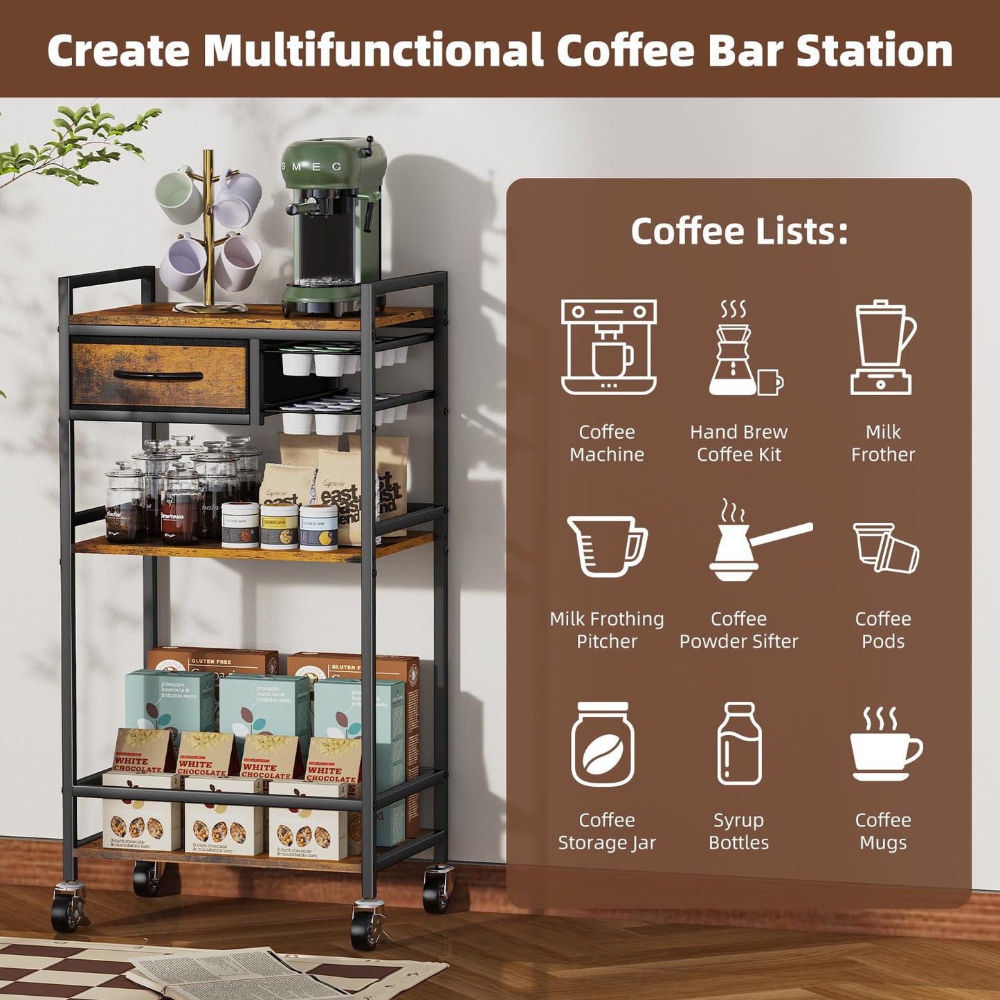 Housolution 4-Tier Coffee Bar Cart with Storage, 33" H Coffee Station Cabinet with Pod Drawers for Nespresso Vertuo, Mini Toaster Oven Stand Table for Home, Kitchen, Living Room (Rustic Brown)