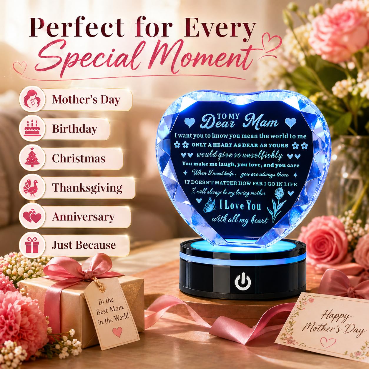 XLSJGYP Crystal Heart Birthday Gifts Ideas for Mother from Son Daughter Moms Mother's Day Mothers Day Gifts for Mom Romantic Best Unique Keepsakes Presents with Colorful LED Base Gift (Mom Gifts)