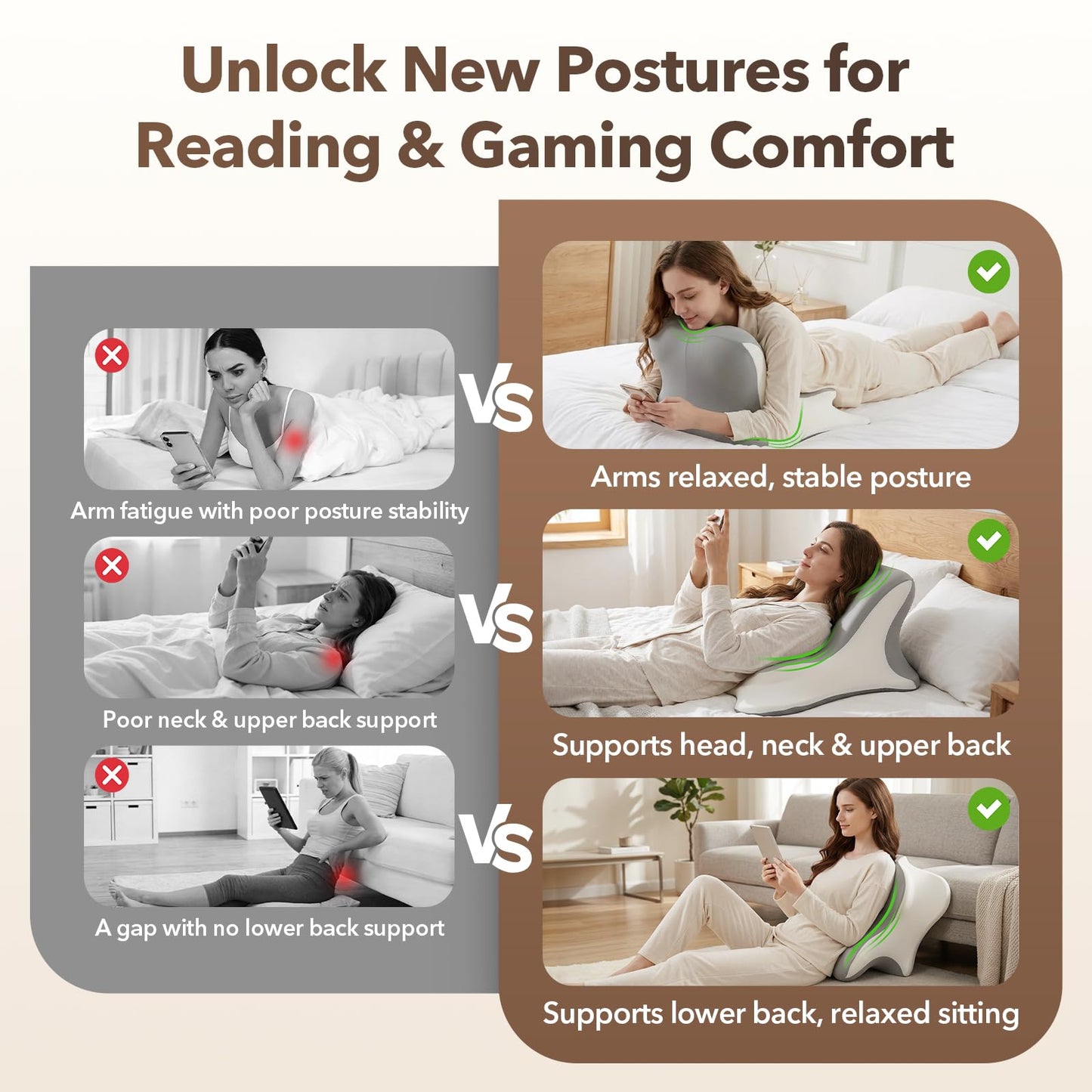 Royal Choice Reading Pillow for Bed, Ergonomic Memory Foam Prone & Reclined Support Pillow for Stomach Laying, Reading, Scrolling & Lounging, Multi-Position Bed Rest Pillow with Washable Cover