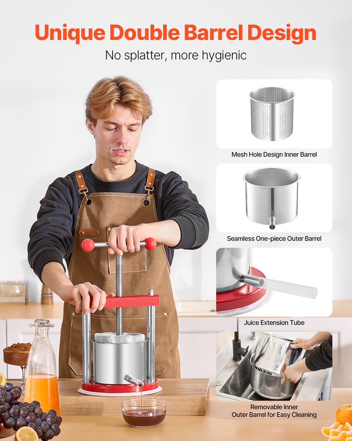 VEVOR 0.44 Gal/1.65L Fruit Wine Press, 2 Stainless Steel Barrels, Manual Juice Maker, Cider Apple Grape Tincture Honey Olive Oil Making Press with T-Handle for Outdoor Kitchen Home