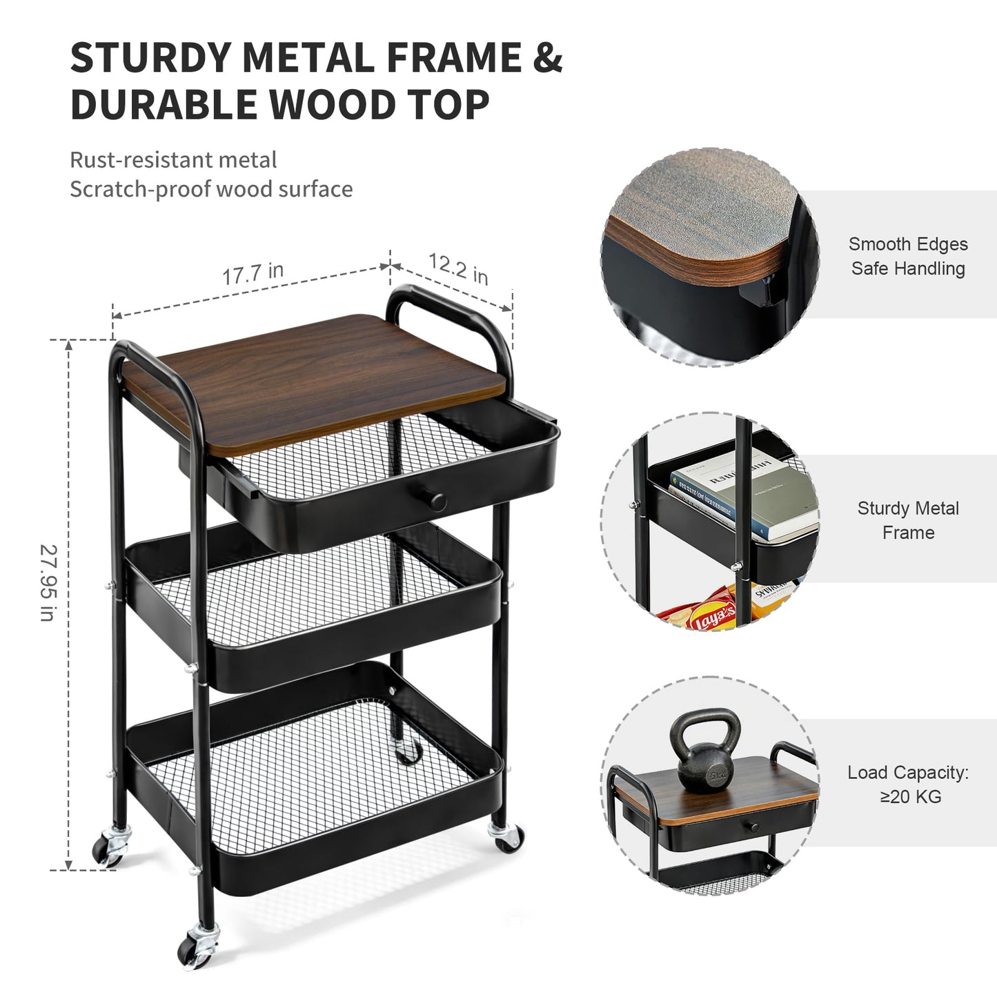 CAMOAT 3-Tier Rolling Storage Cart with Wooden Top and Drawer, Metal Mesh Mobile Utility Cart with Handle and Lockable Wheels, Multipurpose Organizer Trolley for Kitchen, Living Room, Bathroom,Office