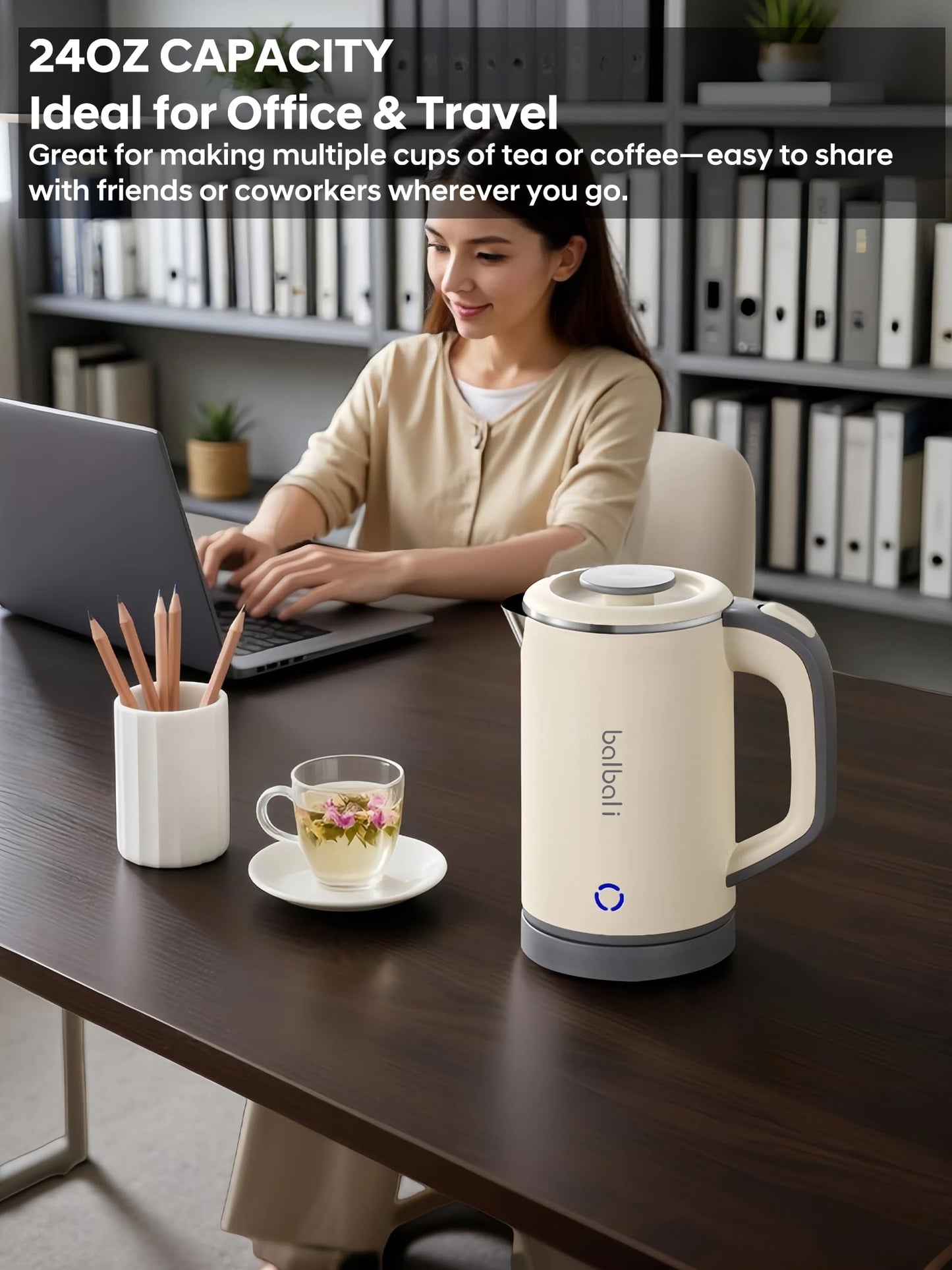 Portable Electric Kettle, 24oz Mini Travel Kettle for Camping & Office, 600W Fast Boiling, Compact Personal Small Kettle with Auto Shut-Off, Stainless Steel Interior, Beige