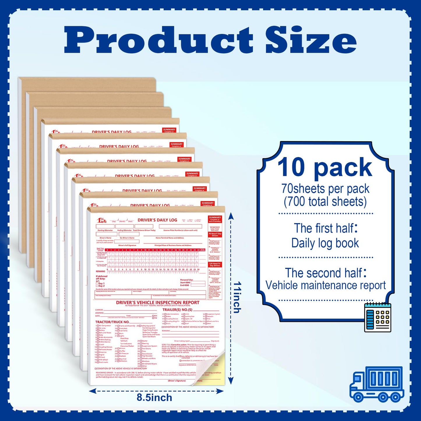 10 Pcs 8.5x11inch 2-in-1 Driver Log Books for Truckers Dot Log Book Driver Vehicle Inspection Report Log Books with Detail Backup Truck Inspection Forms 2-Ply Carbonless for Drivers （Large Size)