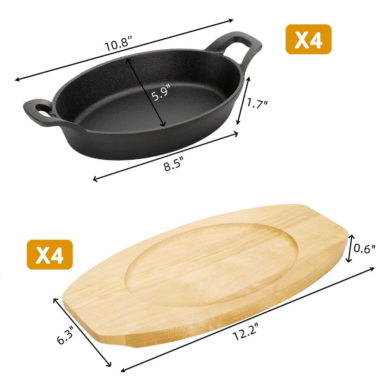 Mezchi 4 Pack Mini Cast Iron Fajita Skillet Set, 8.5 x 6.1 Inch Sizzling Plate with Wooden Base, Small Oval Casserole Dishes, Cast Iron Pizza Baking Steak Pan for Stove, Oven, Grill
