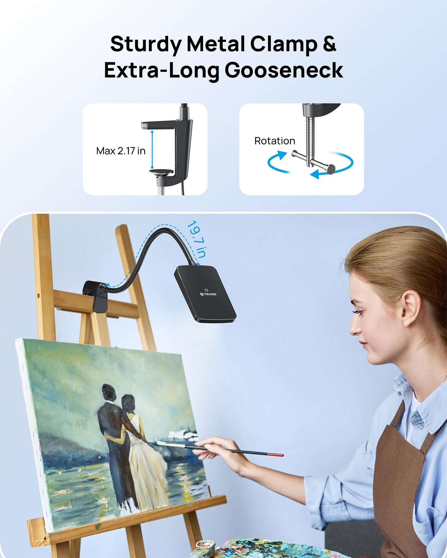 TROND LED Desk Lamp with Clamp, 1000LM Super Bright 3-Level Dimmable Desk Light 6000K Daylight, Extra-Long Flexible Gooseneck Clip on Light, Eye-Care Clamp Lamp for Painting, Workbench,Reading
