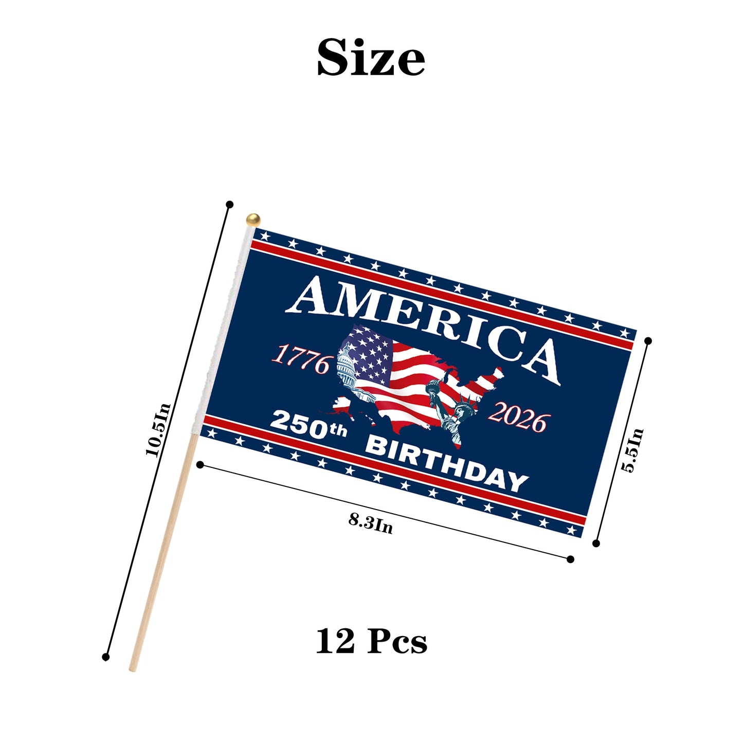 100 Pcs 250 Anniversary Small Stick Flags 250 Year American Anniversary flag Handheld Flag for Outside 4th of July Independence Day Patriotic Signs Hand Held Flags for Room House Welcome Lawn Backdrop Parade (B Flag, 100Pcs)
