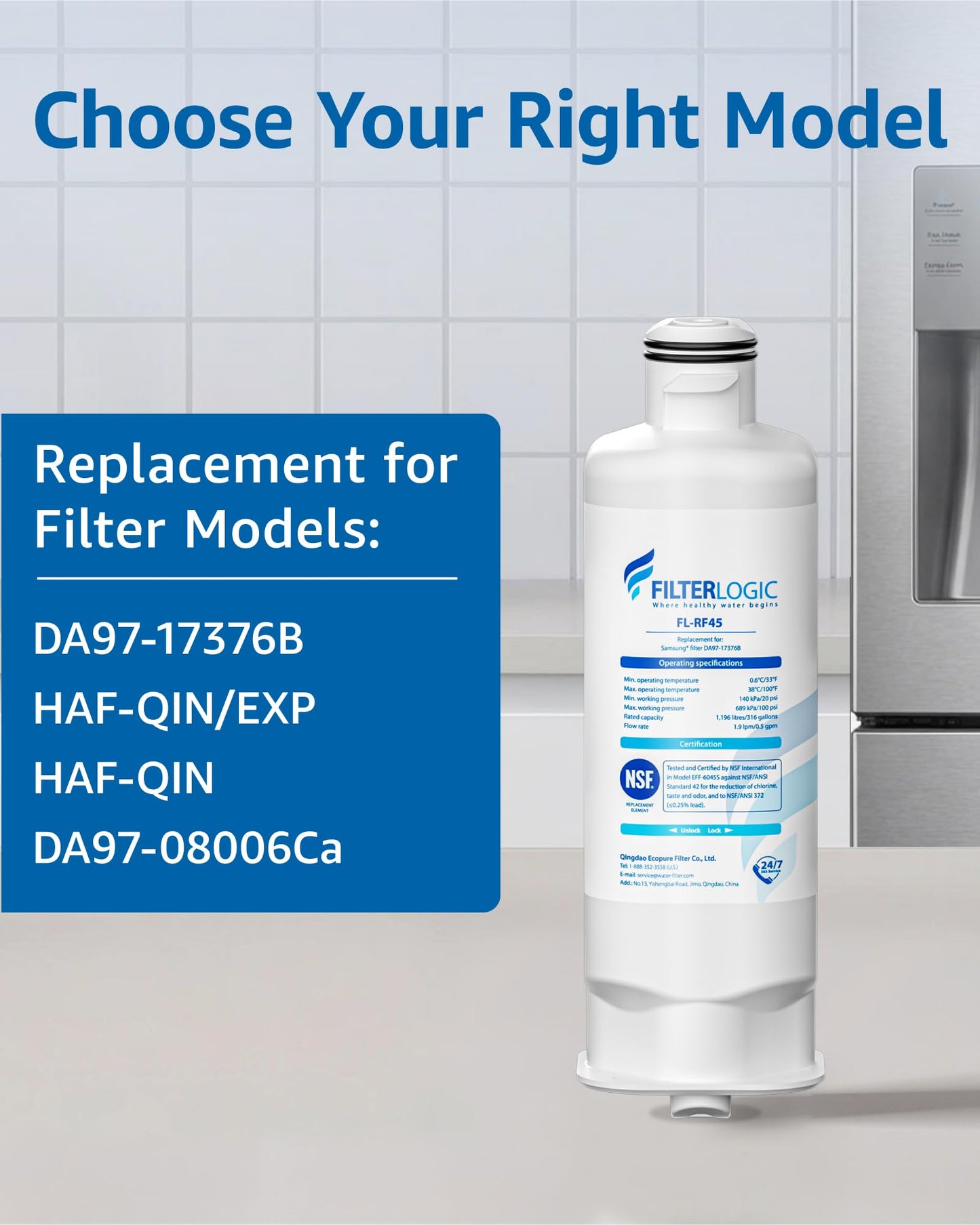 Filterlogic FL-RF45 Refrigerator Water Filte, Replacement for Samsung® DA97-17376B, HAF-QIN/EXP, DA97-08006C, RF28R7201SR, RF28R7351SG, 4 Pack