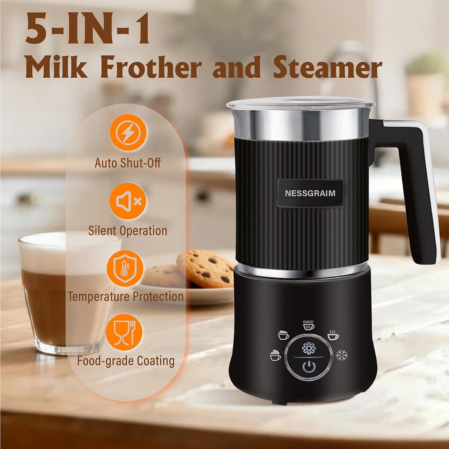 NESSGRAIM 5-in-1 Electric Milk Frother, Automatic Milk Frother & Steamer for Hot & Cold Foam, Large Capacity Milk Warmer for Latte Cappuccino, Hot Chocolate Maker, Dishwasher Safe (Black)