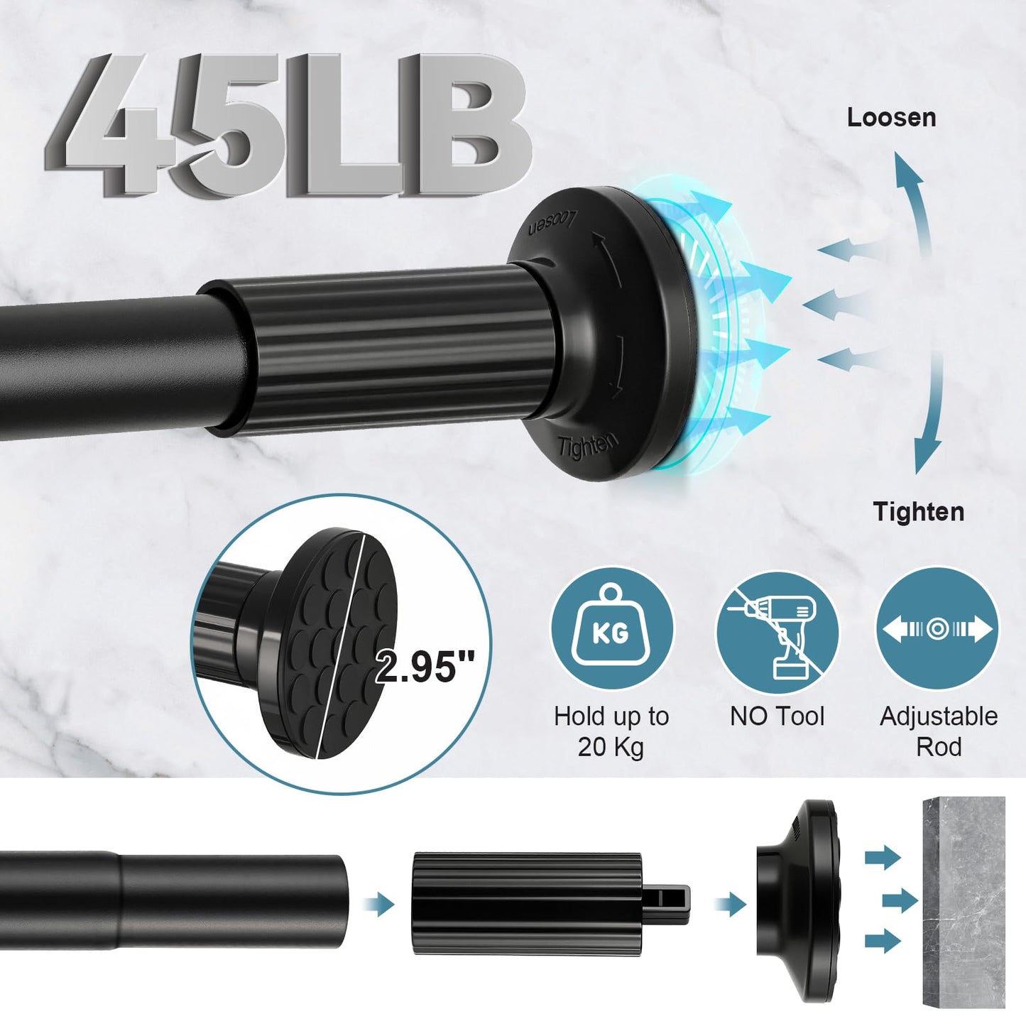 ZOCONE Tension Curtain Rod 51-168 In(4.25-14 Ft), Outdoor Curtain Rod No Drilling for Patio Window, Adjustable Shower Curtain Rod for Bathroom, Extra Long Tension Rod Diameter 1.26In Never Rust, Black