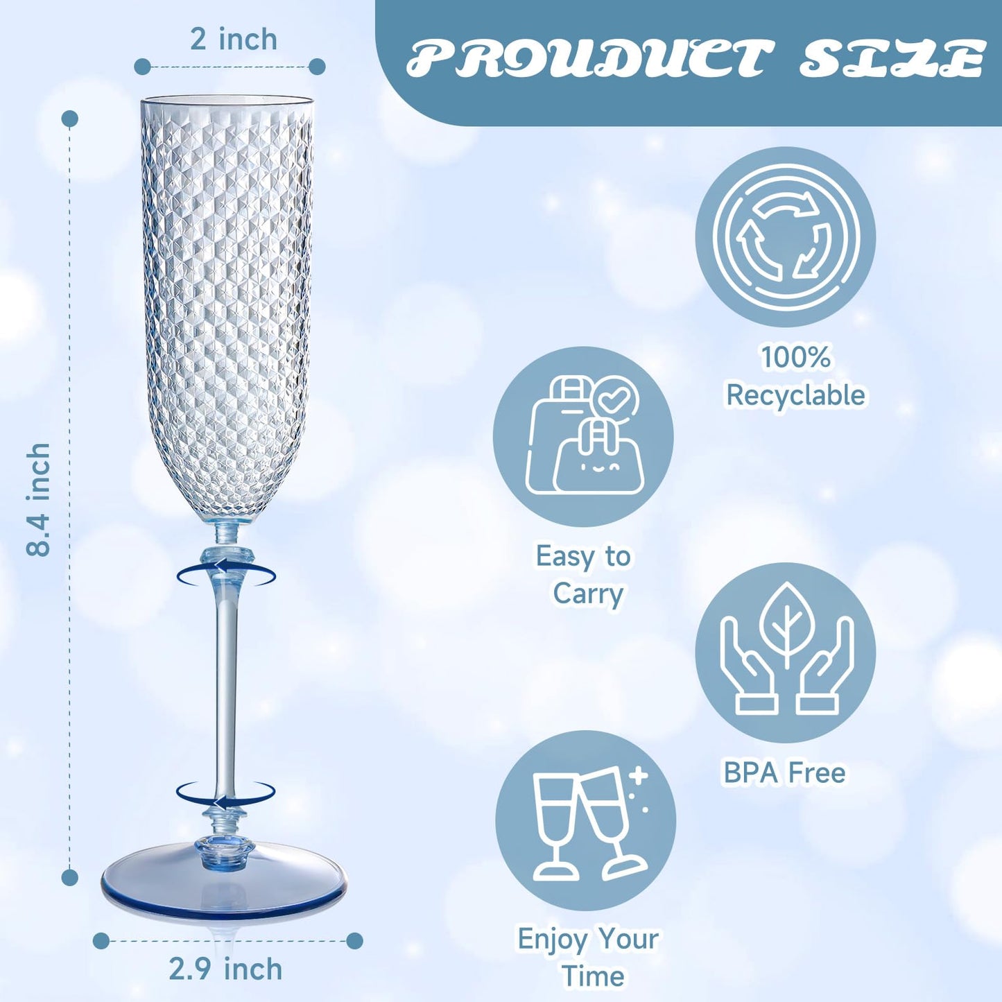 XUWAIDSGN 48 Pack Blue Detachable 2 piece Champagne Flutes 5.5 Oz Unbreakable Plastic Mimosa Disposable Champagne Glasses Drinking Cups Stemmed Reusable Wine Toasting Glasses for Wedding