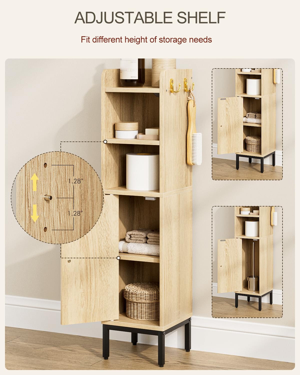 AEPOALUA Bathroom Storage Cabinet, Small Corner Floor Hutch with 2Hooks,Narrow Toilet Paper Cabinet with Rattan Door,Bathroom Organizer with Adjustable Shelf, for Small Spaces,Oak