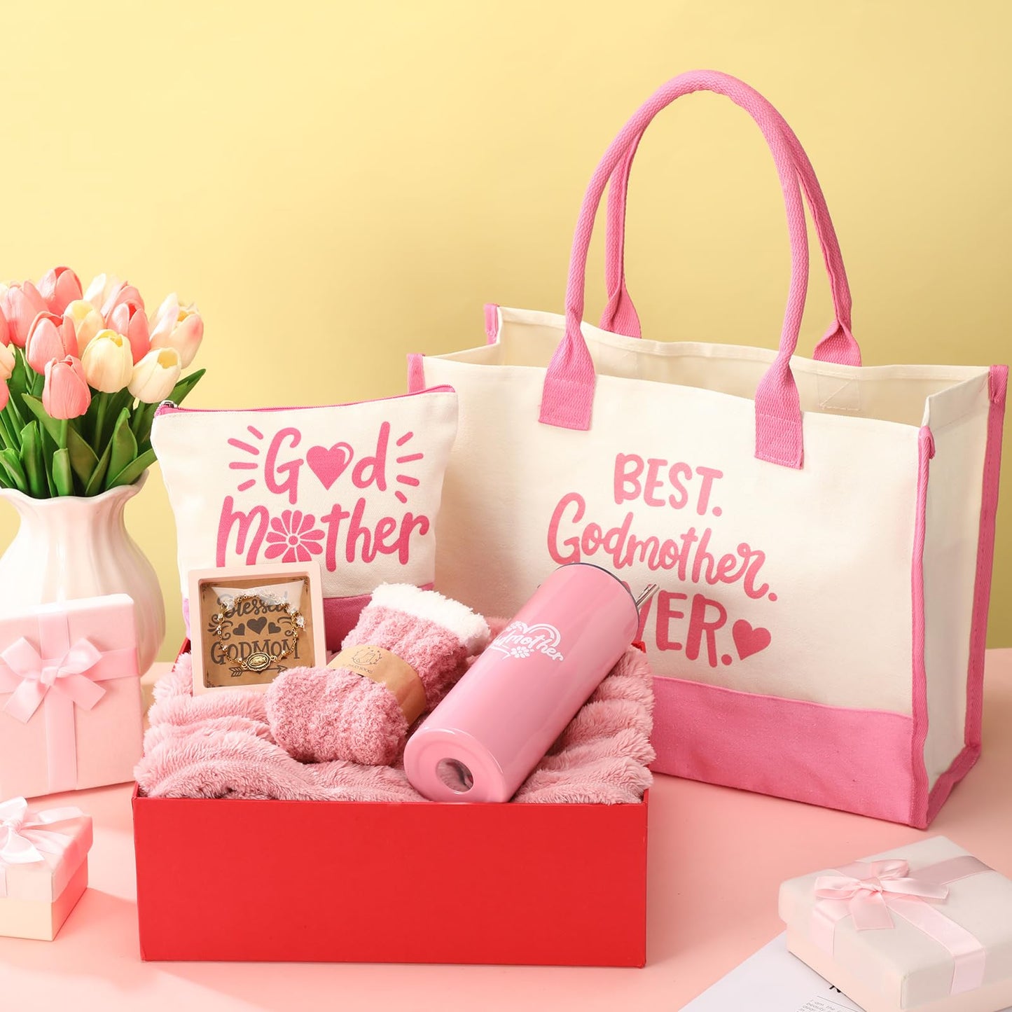 Geiserailie 6 Pcs Godmother Proposal Gift Set Will You Be My Godmother Gift Idea God Mother Gifts for Women Stainless Steel Tumbler Godmom Bag Makeup Bag Blanket Bracelet Socks(Pink)