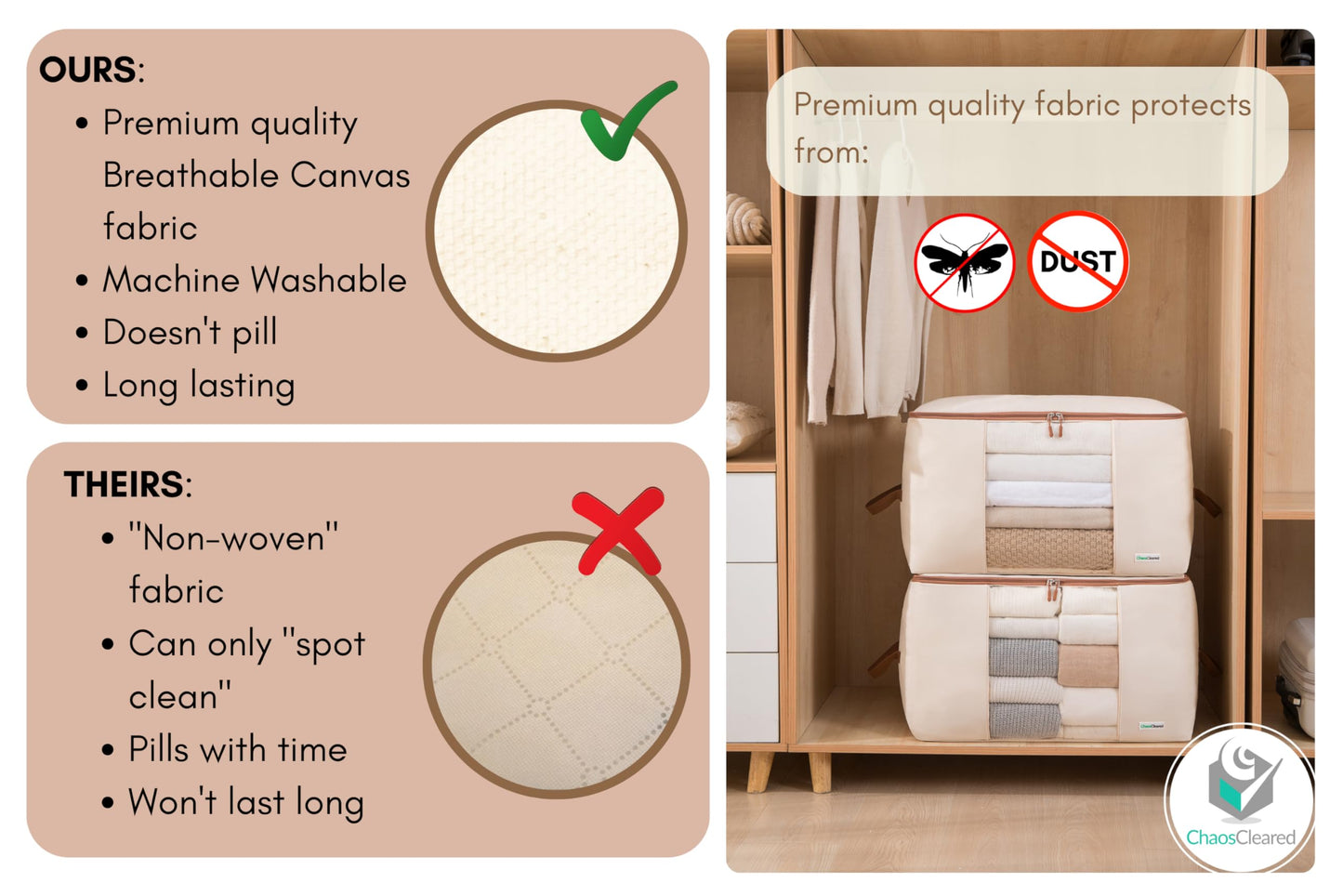 Chaos Cleared Canvas Storage Bags Designer Organizer for Comforters 2 Pack – Seasonal Storage for Pillows, Blankets, Linens & Garments – Foldable Design with Zip & Window, Moth-Proof Space Saver