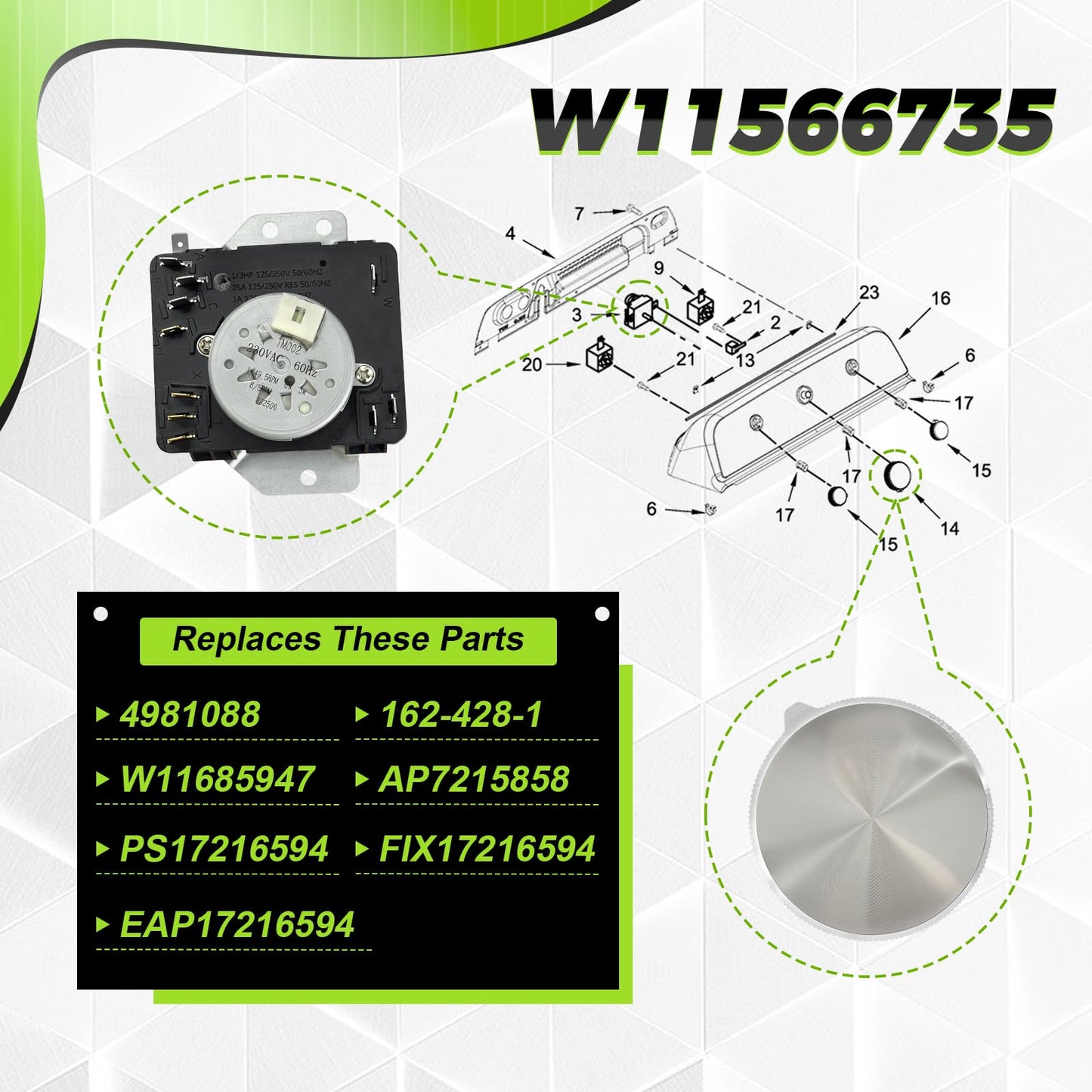 W11685947 W11566735 Dryer Timer & Knob Kit Compatible with Whirlpool Maytag, Replacement Part 4981088 AP7215858 PS17216594 EAP17216594 FIX17216594 162-428-1