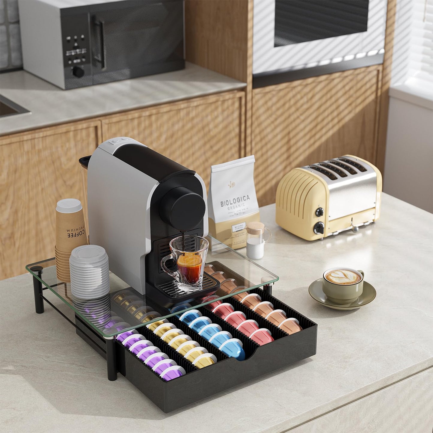OUTIOE Coffee Pod Drawer Organizer with Tempered Glass Lid (Transparent Glass)