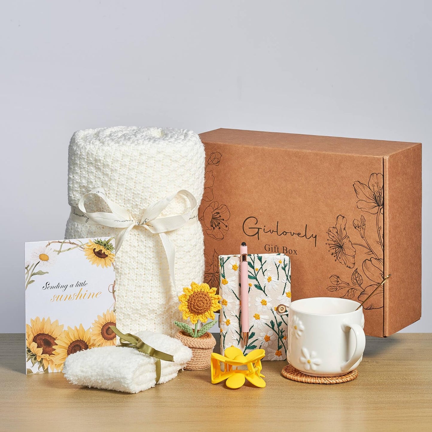 GivLovely Thinking of You Gifts for Women & Cozy Self Care Gift Box | Get Well, Birthday | Sunflower Themed Care Package | A Sending Sunshine Hug in a Box