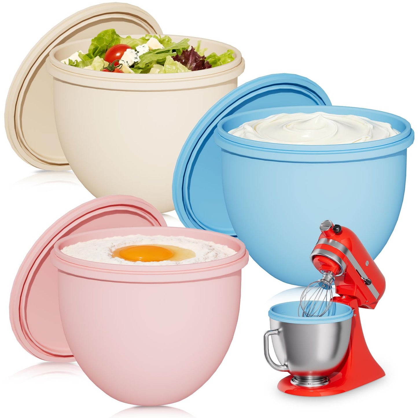 Snuggery 3Pcs 5QT Silicone Bowl Liner for KitchenAid Tilt-Head Stand Mixers – Food-Grade Silicone Insert with Sealable Lid, Vent Holes & ml Markings – Heat-Resistant, Stackable Design