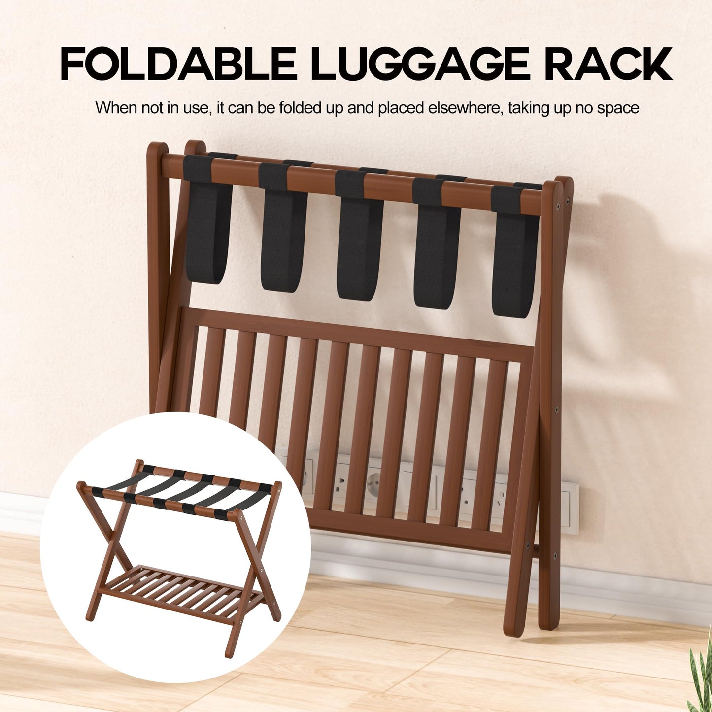 Natuvite Luggage Racks Suitcase Stand Foldable With Storage Shelf For Guest Room Hotel Essentials Solid Bamboo Heavy-Duty Item Holder Chestnut Brown