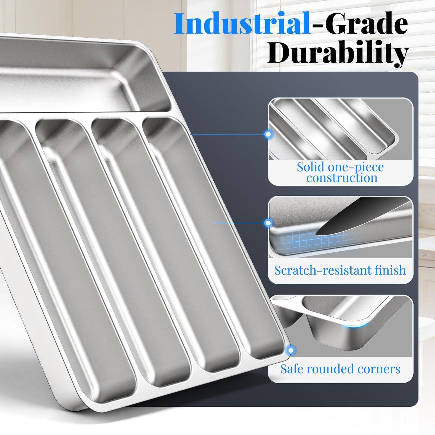 IKOCO Silverware Organizer Stainless Steel Utensil Drawer Organizer with 5 Compartments for Kitchen, Dishwasher Safe, Holds Spoons Forks Knives (13.8" x 11.4" x 1.6", Silver)