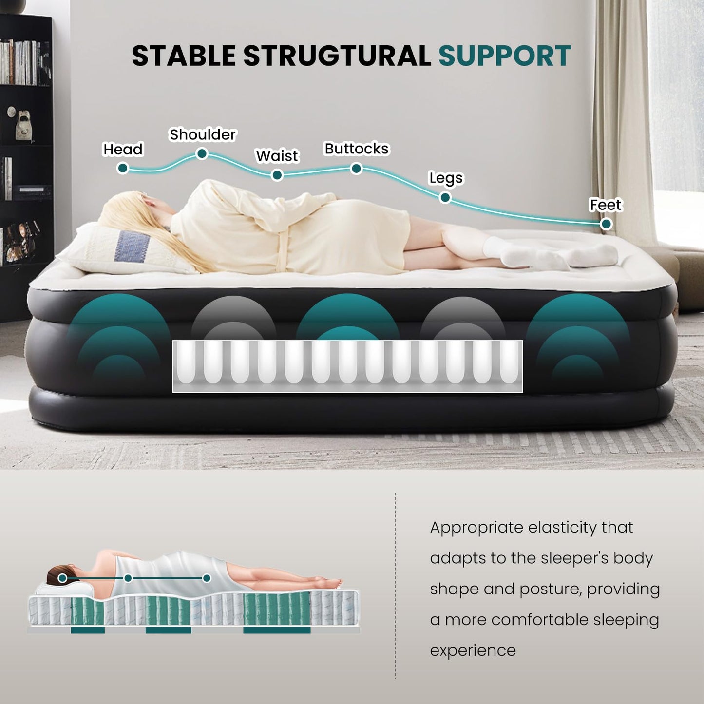 DUMOS Twin Air Mattress - 16" Inflatable Blow Up Airbed with Built-in High Capacity Pump, Double Height, Non-Slip Bottom Design, Weight Capacity 660 lbs Air Bed for Home or Camping