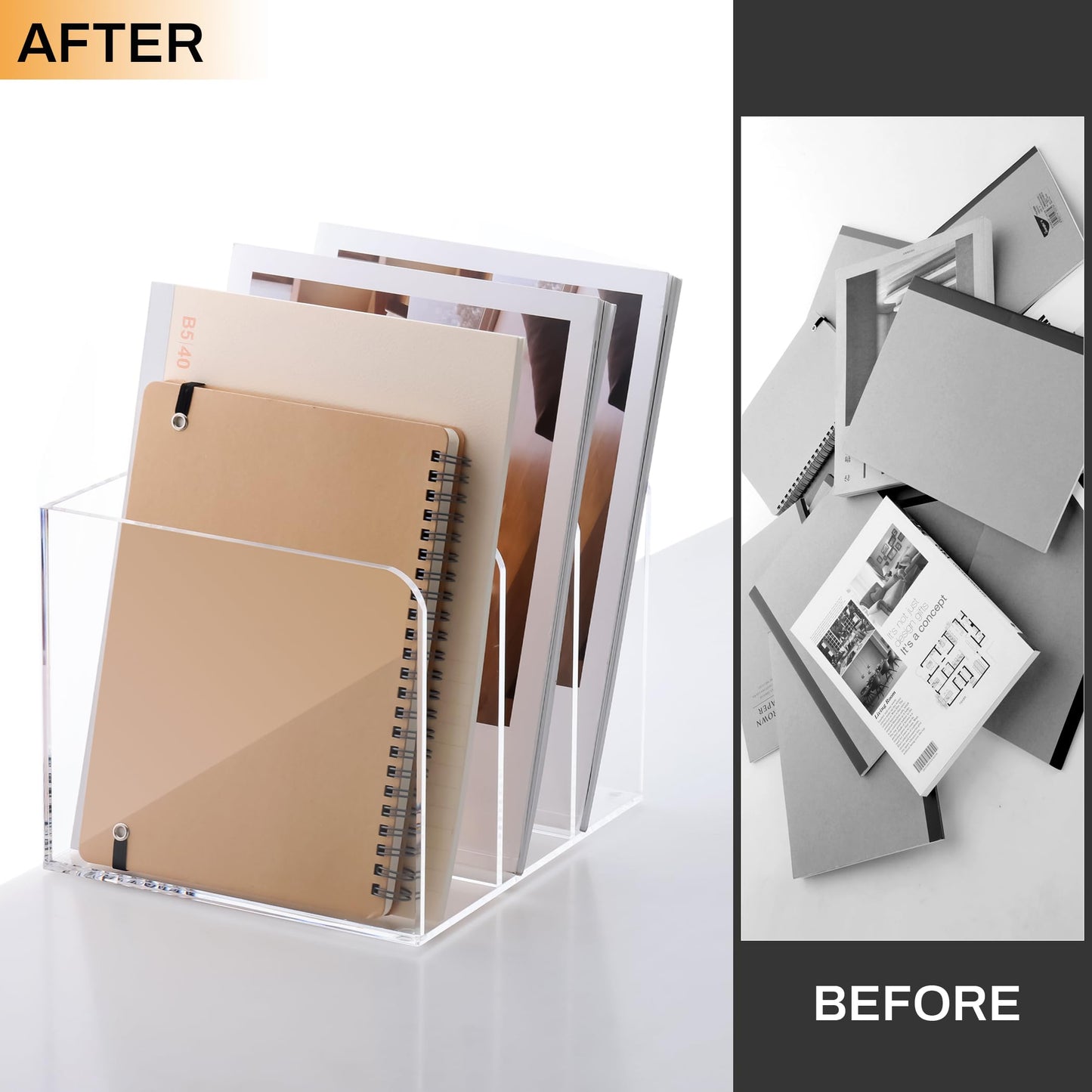 SANRUI Clear Acrylic File Organizer - 3 Compartments Magazine Holder, Vertical File Sorter for Home Office/Classroom/Dorm, Non-Slip Desk File Rack, No Assembly Required, B5 Size