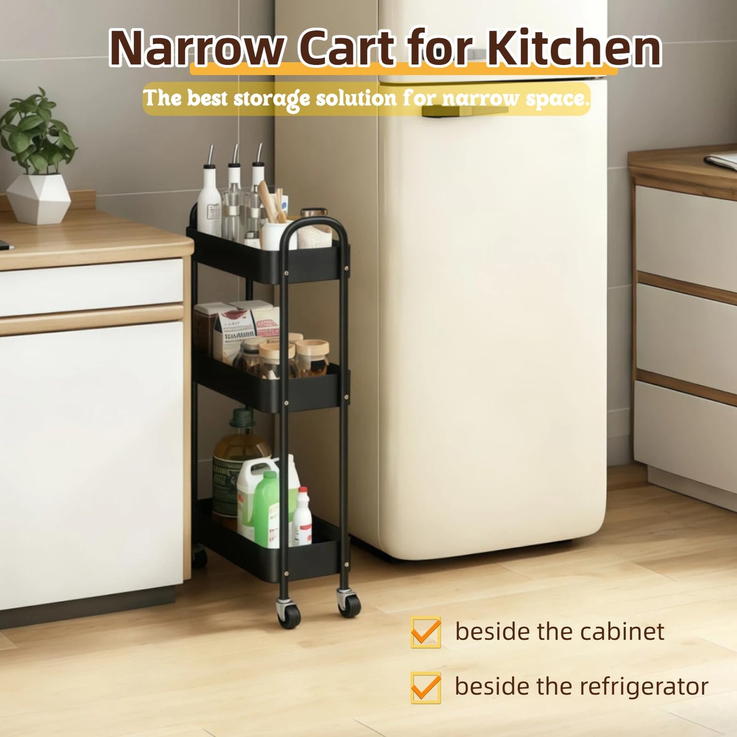 LIWNYRK 3 Tier Slim Metal Rolling Storage Cart for Laundry Room & Kitchen Organizer, 7.1'' Thin Standing Shelf for Narrow Spaces, Utility Cart with Wheels & Lockable Casters for Bathroom, Black