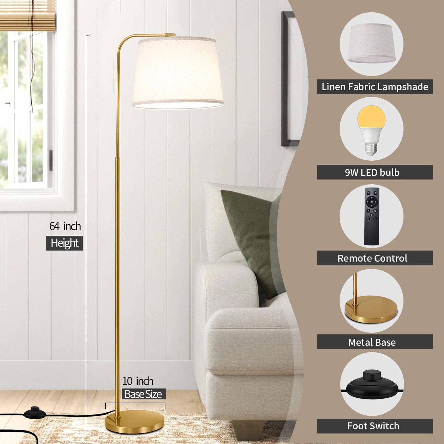 lumsic Floor Lamp for Living Room, Dimmable Modern Floor Lamps for Bedroom, Remote Control Modern Corner Standing Lamps, Nursery Industrial Adjustable Arc Tall Lamp with 9W Bulb for Office Reading