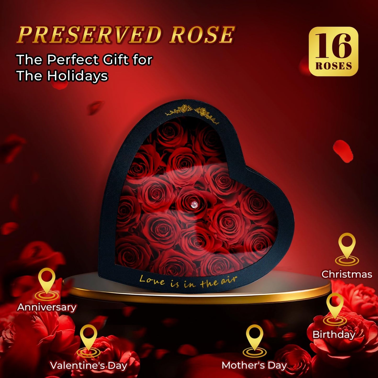 Forever Red Roses in a Heart Shaped Box 16 Preserved Flowers for Delivery 100% Real Quality Immortal Flower Eternal Birthday Graduation Gifts Home Deco for Her Mom Women Wife Girlfriend (Heart-Red)