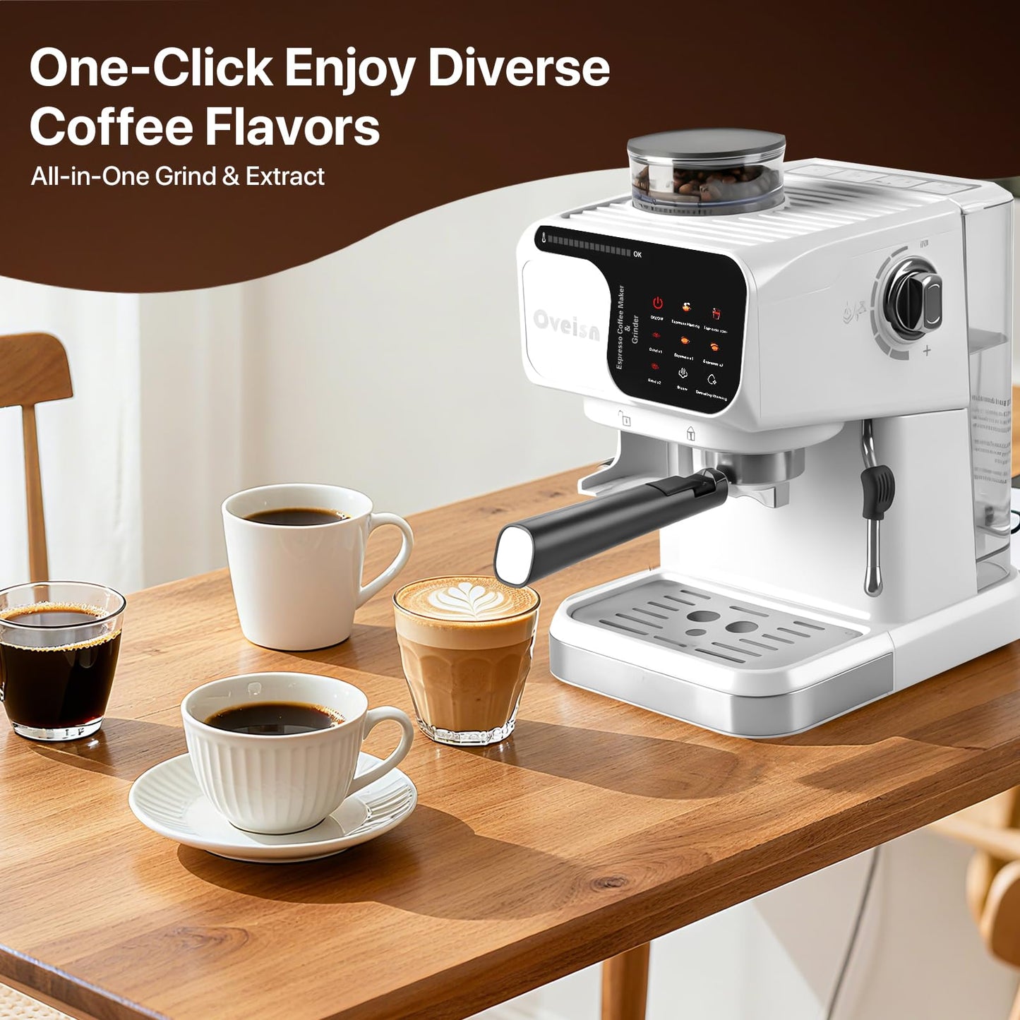 oveisn Espresso Machine Professional Home Espresso Maker Espresso Coffee Fast Heating for Cappuccino/Latte Coffee Machine for Home, Office for Latte Cappuccino-White