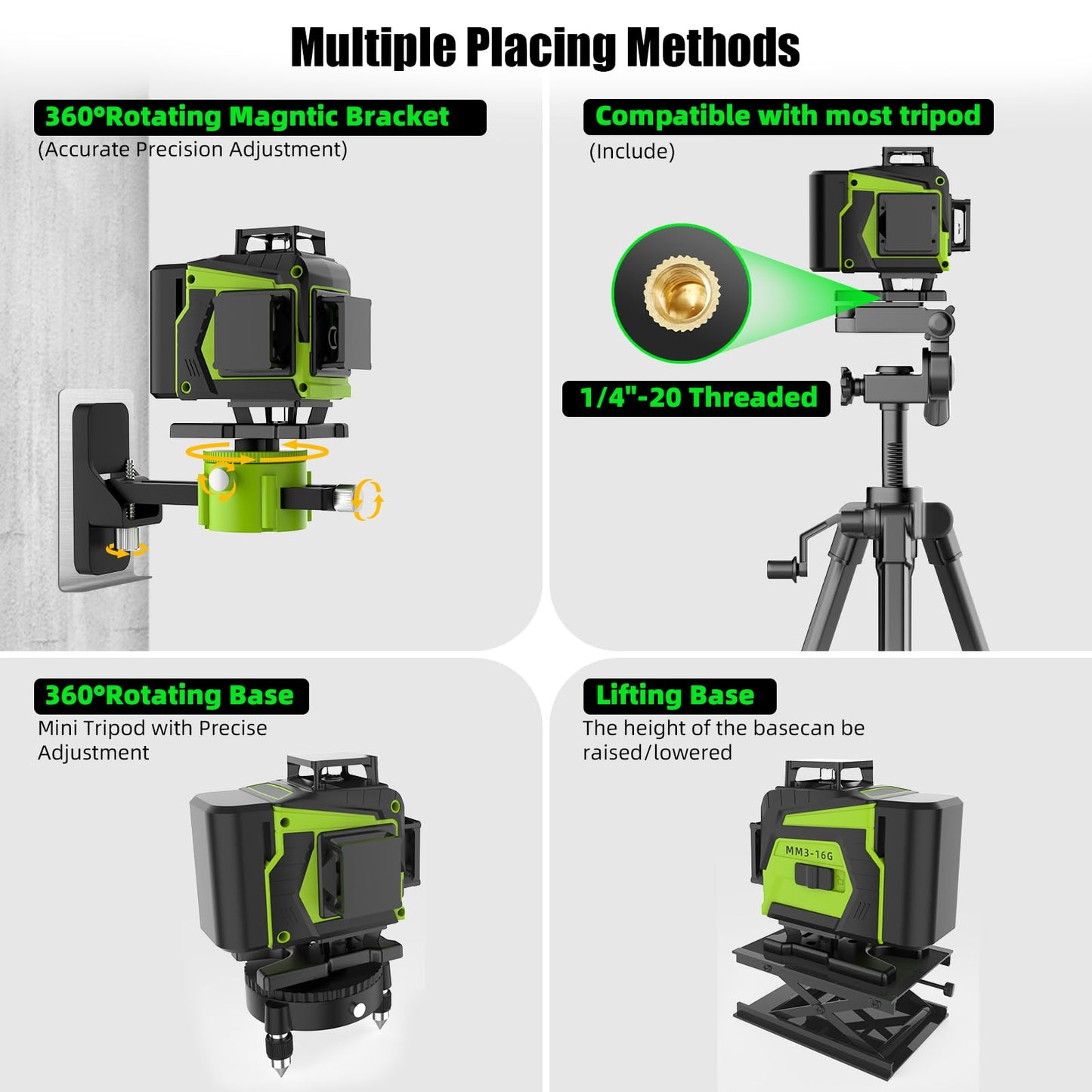 16 Line Laser Level 360 Self Leveling,Professional 4x360°Green Cross Line laser Level Tool for Construction and Picture Hanging,lazer leveler tool with 2 Batteries,Magnetic Bracket & Remote Control