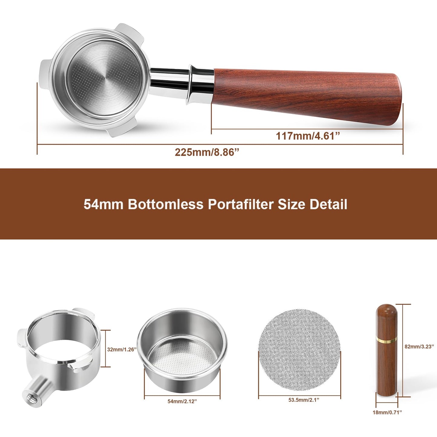 54mm Bottomless Portafilter with Puck Screen & WDT Tool – Compatible with Breville Barista Express/Pro/Touch, Bambino Plus, Infuser, Duo-Temp Pro, Filter Basket Included and Rosewood Handle