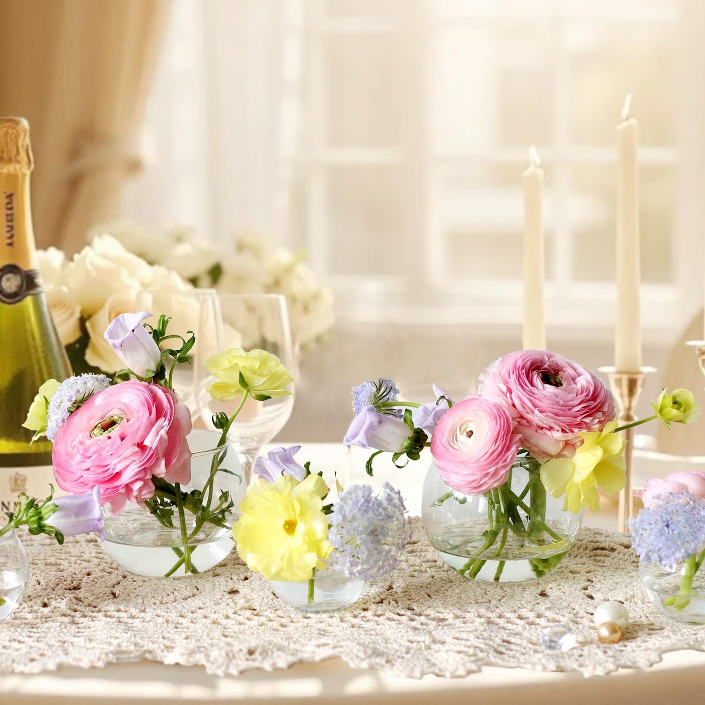 24 Pack Glass Bubble Vases,Small flower bud vases bulk,4"W x3"H Set of 12 Pcs Clear Bowl Vase,2.6"W x2.2"H Set of 12 Pcs Round Candle Holders,Mini Globe Vase Centerpiece for Wedding Party,Home Decor