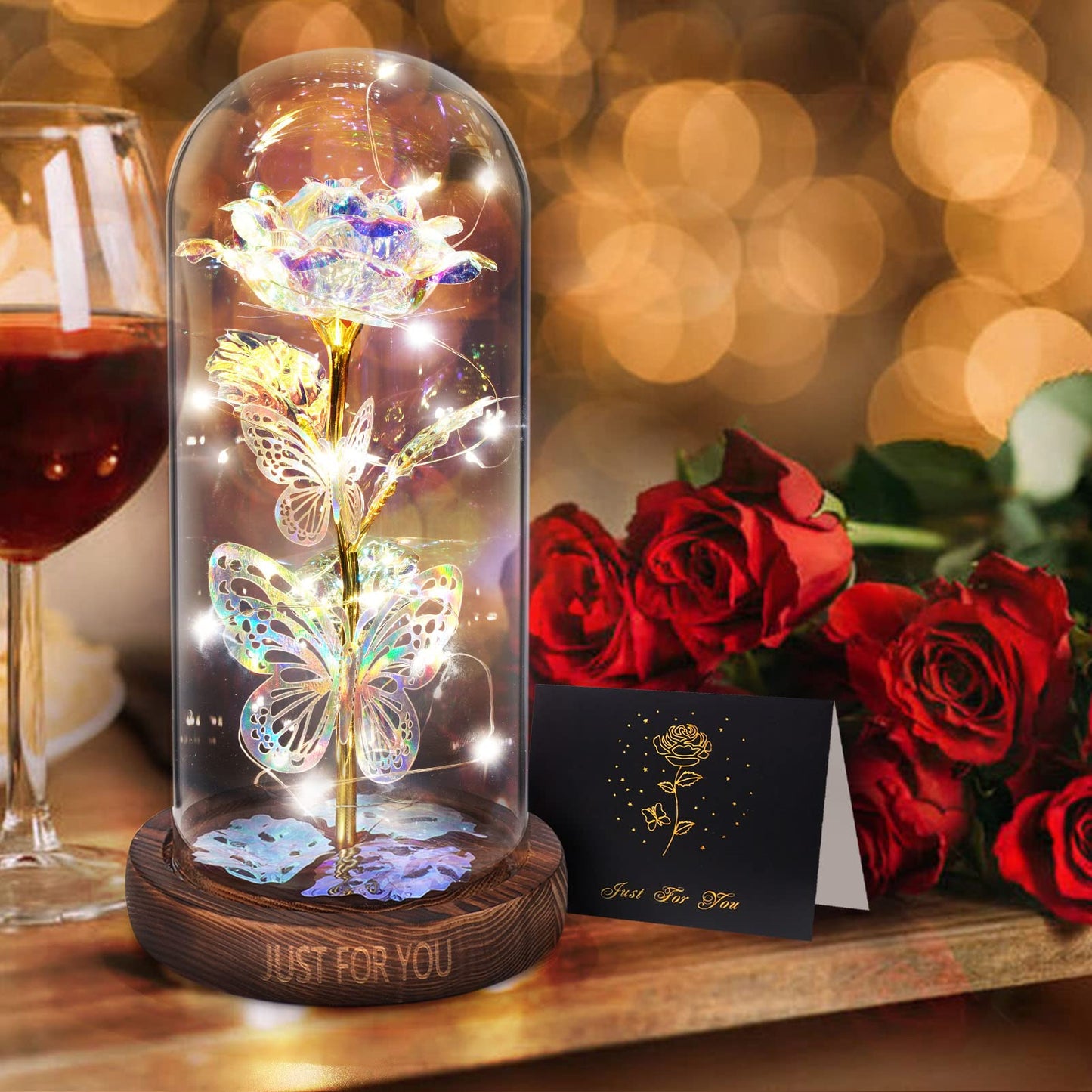 WOKEISE Light Up Rose Butterfly in Glass Dome, Mothers Day Rose Gifts for Mom, Birthday Anniversary Flowers Lighted Roses Gifts for Women,Wife,Mom, Grandma,Girlfriend,Girls,Sister-Silver