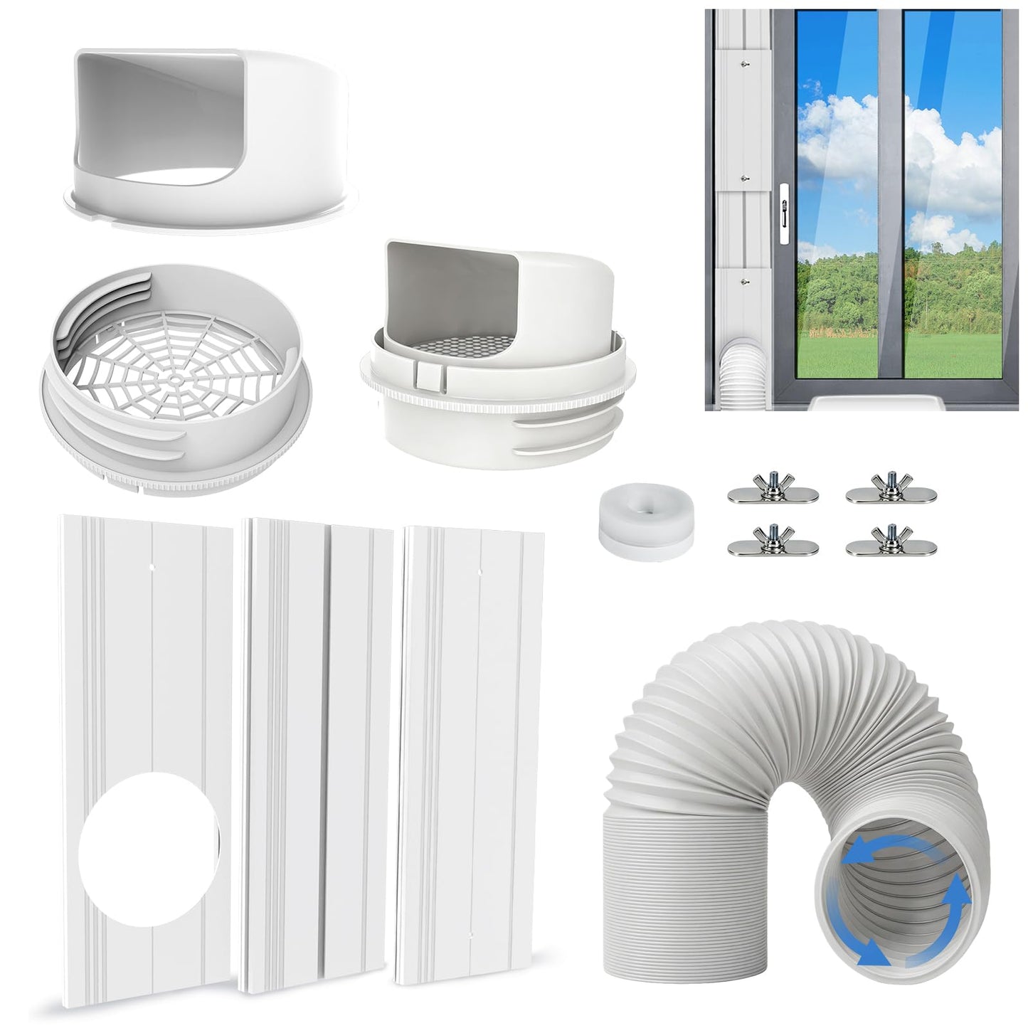 Portable Air Conditioner Window Seal Kit with 5.9" Counter-Clockwise Threaded Exhaust Hose, Portable AC Unit Window Ventilation Set with 3 Interlocking Adjustable Seal Panels