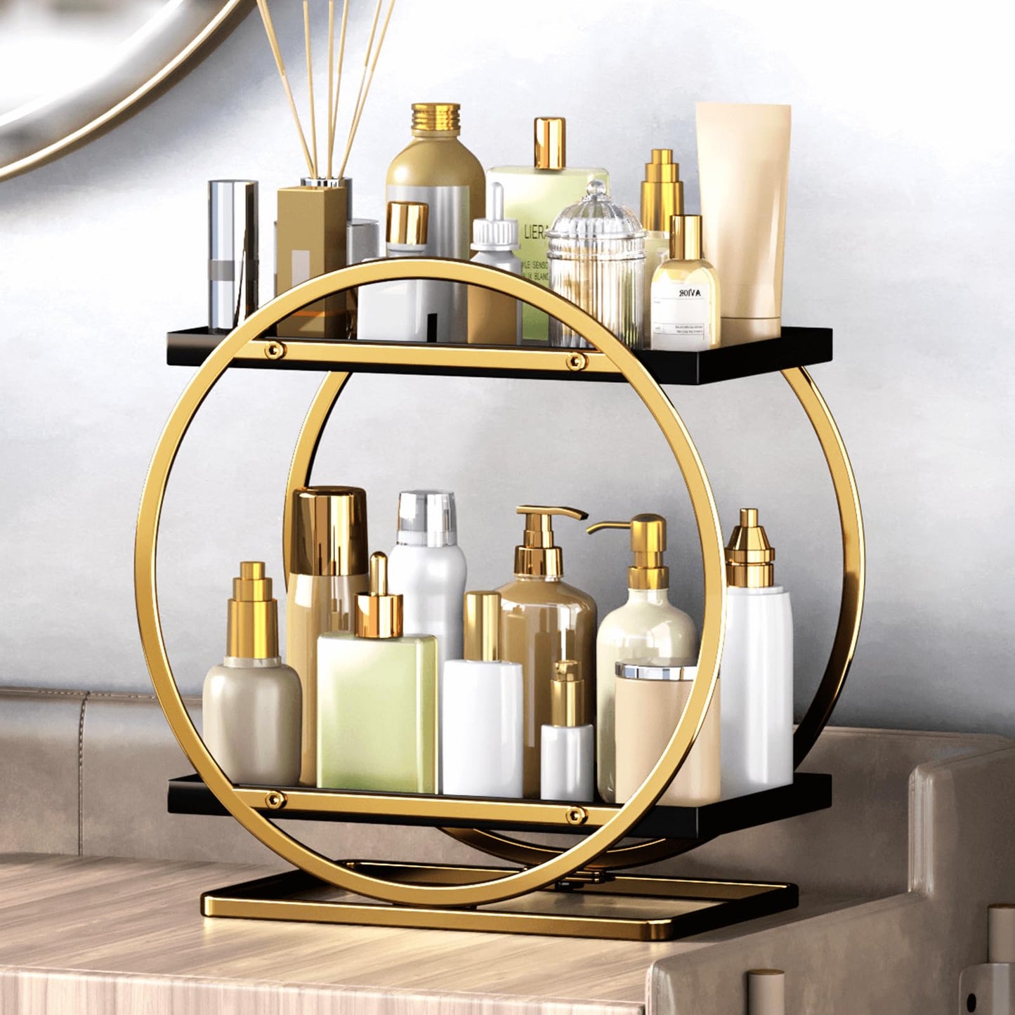 YIWANFW Makeup Organizer for Vanity, Black Gold Perfume Organizer for Dresser, 2-Tier Bathroom Countertop Organizers, Bathroom Counter Shelf Skincare Holder Perfume Tray Cosmetic Display