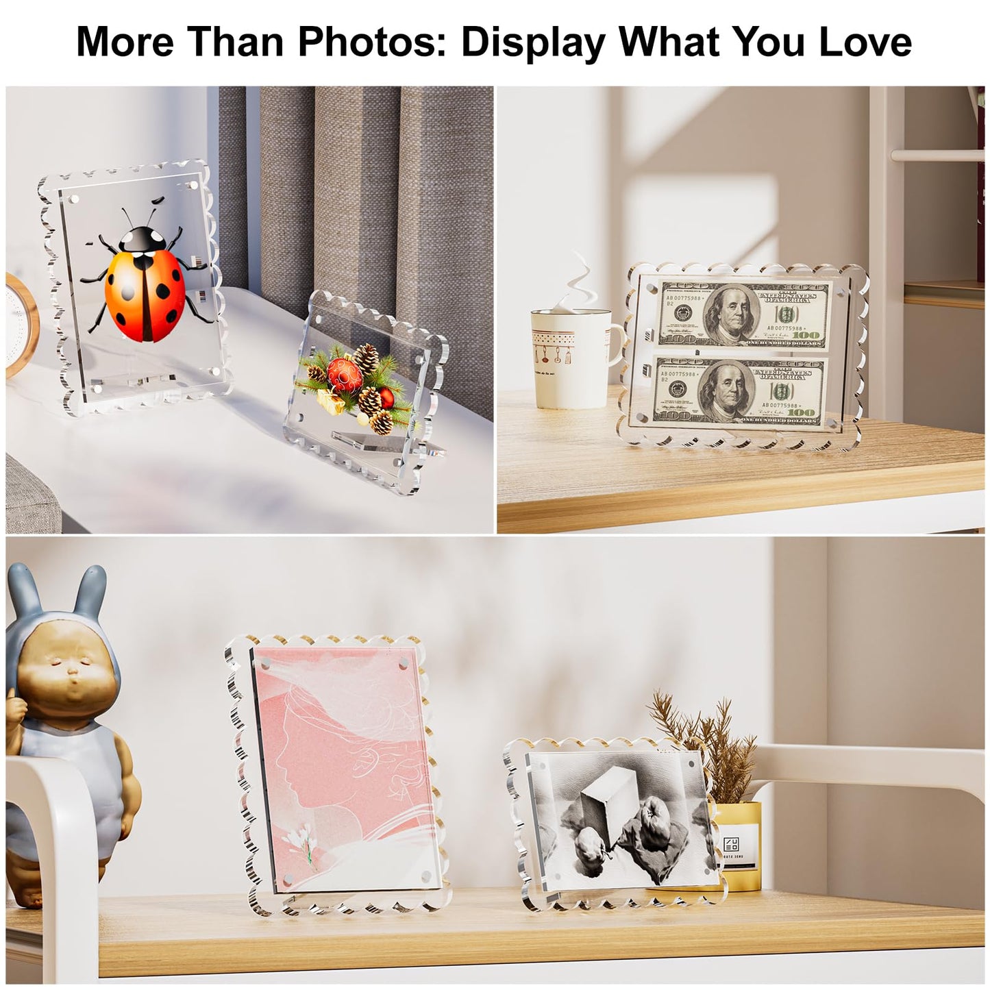 HELPLEX 8x10 Clear Acrylic Picture Frames with Scalloped Edges, 3-Pack Magnetic Frame with Stand for Horizontal or Vertical Display, Tabletop or Desk Photo Holder