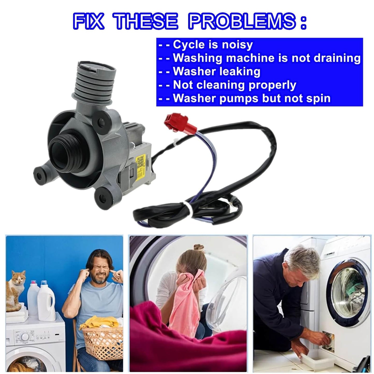 Washer Pump Assembly WH11X34742, Fit for Frigidaire 11001011000071 WH01X28078 AP7192541 PS16729517 EAP16729517 5304511363 4980769 FFTW4120SW Washing Machine Drain Pump Motor