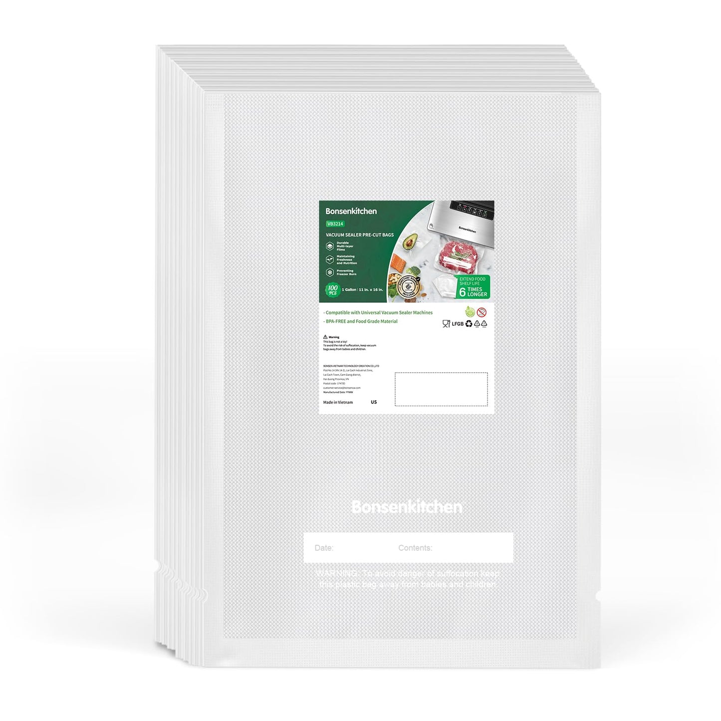 Bonsenkitchen Precut Vacuum Sealer Bags, 100 Gallon 11" x 16" Food Sealer Bags, Food Grade, BPA Free, Heavy Duty, Customized Vacuum Bags for Vac Storage, Meal Prep or Sous Vide Cooking, VB3214